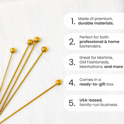 A Bar Above Gold Cocktail Picks, 12 Elegant Metal Skewers for Drink Garnishes, Appetizers, and Shrimp Cocktail, 8-Inch Reusable Stir Sticks for Bloody Marys, Old Fashioneds, and Charcuterie
