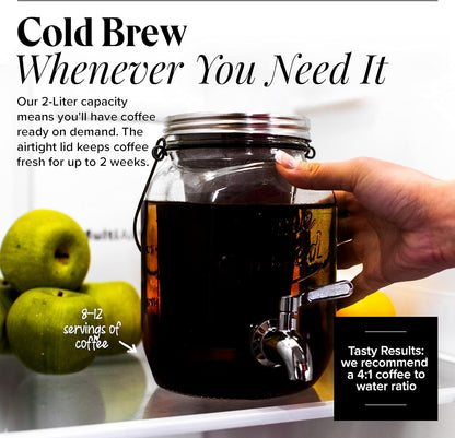 Willow & Everett Cold Brew Coffee & Iced-Tea Maker Pitcher, 2 L Glass Dispenser w/Metal Spigot & Mesh Filter Iced Coffee & Sun Tea Brewing System