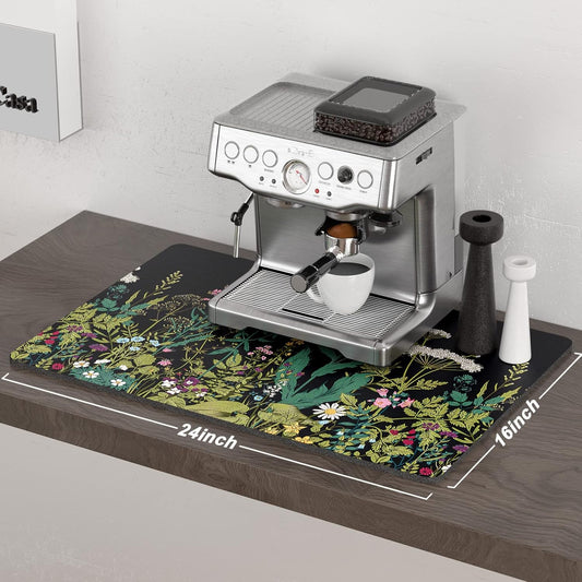Rnivvi Coffee Mat, 16" x 24" Cute Flower Theme Coffee Bar Mats for Espresso Machine Station Accessories and Organizer, Hide Stain Rubber Backed Absorbent Dish Drying Pad for Kitchen Counter, Black