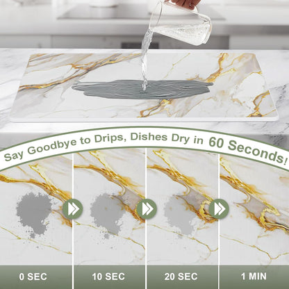 Large Stone Drying Mat for Kitchen Counter, 24" × 16" Diatomite Dish Drying Mat, Quick Dry Stone Mats, Ultra Absorbent Natural Diatomaceous Earth Mats for Dished, Bottles, White Marble