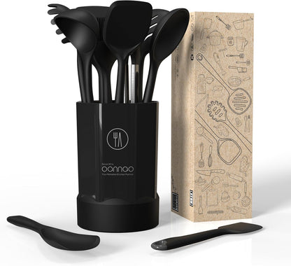 Thickened Silicone Kitchen Utensils Set, 600°F Heat Resistant Silicone Cooking Utensils, Spatula, Spoon, Whisk, Tongs, Kitchen Gadgets Sets for Nonstick Cookware, Dishwasher Safe BPA Free (Black)