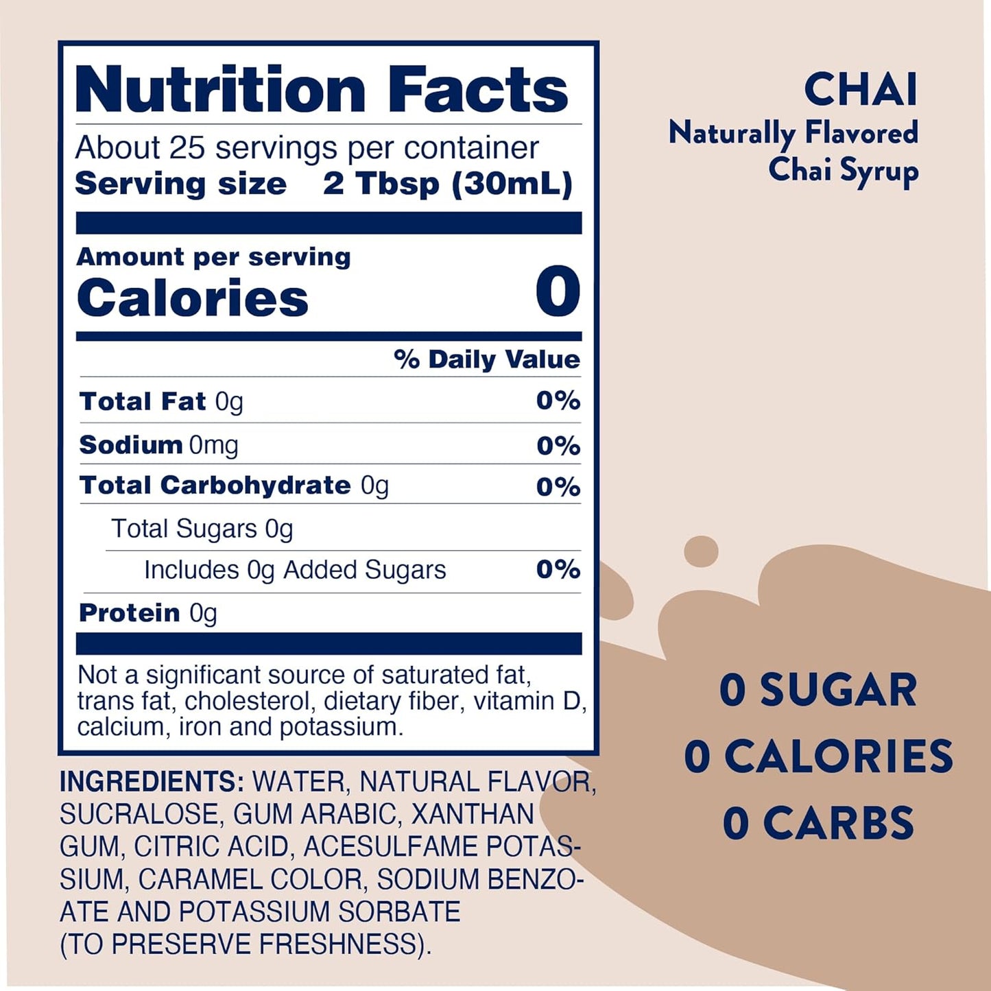 Jordan's Sugar Free Chai Syrup - 25.4oz, Gluten Free, Keto, For Coffee, Latte, Shakes