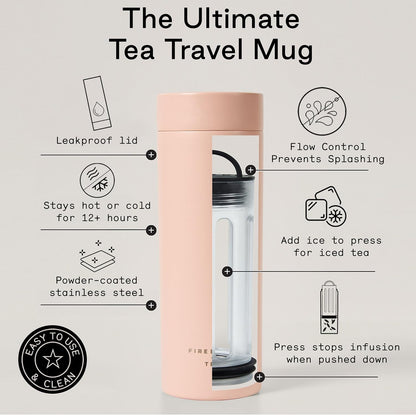 Firebelly Tea, Travel Tea Infuser Mug with Strainer, Insulated Tumbler for Loose Leaf Tea or Coffee, Leakproof Bottle for Hot or Iced Drinks, Stainless Steel Thermos with Lid, Salmon