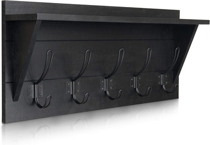 Wall Mounted Coat Rack Shelf, Rustic Wooden Country Style 24" Entryway Shelf with 5 Rustic Hooks Featuring Solid Pine Wood. Perfect Touch for Your Entryway, Mudroom, Kitchen, Bathroom and More, Black