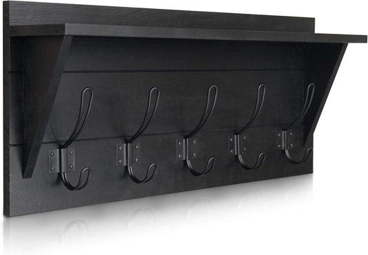 Wall Mounted Coat Rack Shelf, Rustic Wooden Country Style 24" Entryway Shelf with 5 Rustic Hooks Featuring Solid Pine Wood. Perfect Touch for Your Entryway, Mudroom, Kitchen, Bathroom and More, Black