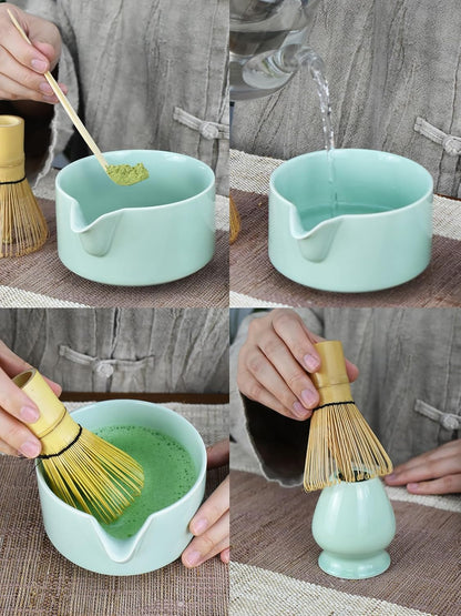 Artcome Premium Matcha Tool Set – Includes Matcha Bowl with Pouring Spout, Whisk, Whisk Holder, Tea Scoop & Matcha Manual - Green