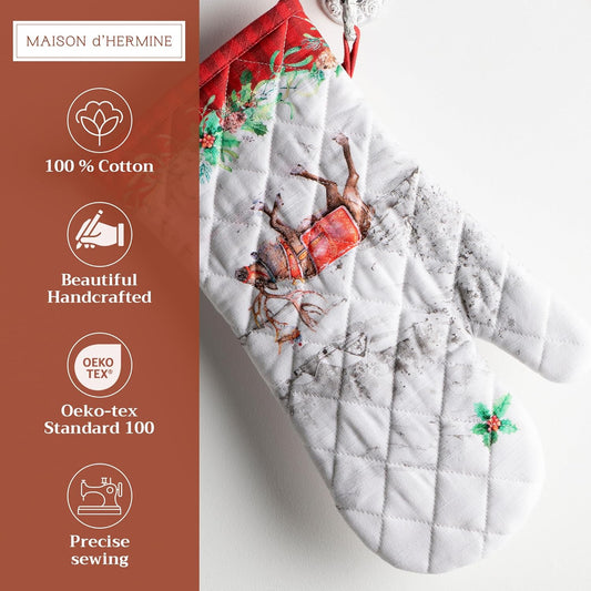 Maison d' Hermine Oven Gloves 100% Cotton Oven Mitt 7" x 13" with Loop Heat Resistant, BBQ, Cooking Gloves, Baking, Grilling, Kitchen, Handling Hot Pans (Pack of 1, Christmas Tradition)