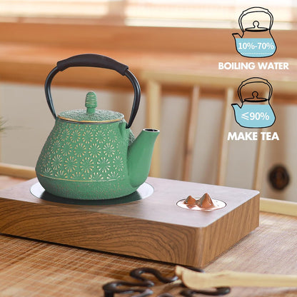 Cast Iron Teapot, 32oz Tea Kettle with Infuser for Stove Top, Sakura Blossom Pattern Japanese Tea Pot for Tea & Coffee Coated with Enameled Interior, Silicone Handle 950ml Green