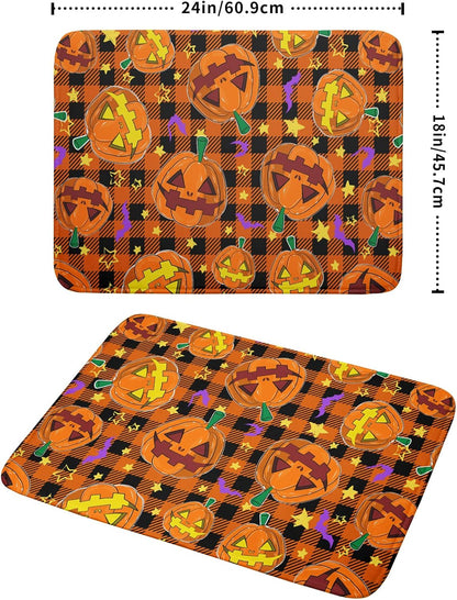 Giwawa Halloween Dish Drying Mat, 18"x24" Spooky Pumpkins Bats Orange Black Buffalo Plaids Dish Drainer Mats, Large Absorbent Fast Drying Dish Drying Pad for Kitchen Countertop Holiday Decor