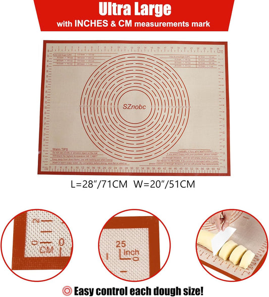 Non-slip Silicone Pastry Mat 28X20 inches Baking Mat with Measurement, Perfect for Dough, Pastry, Pie Crust, Fondant, Cookies, Bread, Pasta, Pizza, Food Grade Kitchen Counter Mats