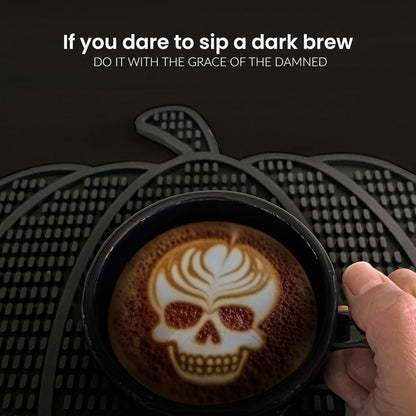 Nomnu Pumpkin Coffee Mat for Countertop - Goth Kitchen Decor - Gothic Coffee Bar Accessories 14.8x13.5 Inch Bar Mat - Spooky Halloween Gifts Non Slip Spill Mat, Black (PCBMB)