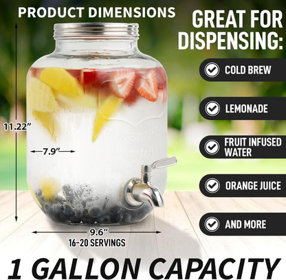 Zulay Kitchen 1 Gallon Cold Brew Coffee Maker – Thick Glass Pitcher with Stainless Steel Filter, Lid & Spout – Large Mason Jar Container Dispenser - Iced Coffee & Sun Tea Brewer for Fridge – Silver