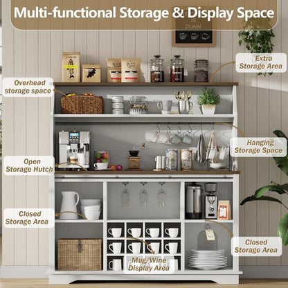55 Inch Farmhouse Coffee Bar Cabinet with 3-Tier Enclosed Storage Cabinet, Kitchen Hutch with 12 Wine Racks & 3 Glass Holders, Coffee Bar with 6 Hooks, Wood Furniture for Dining Living Room, White