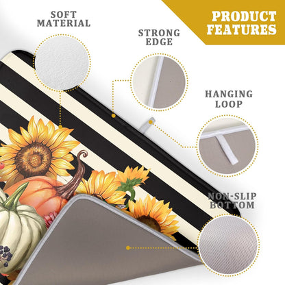 Sunflower Pumpkin Dish Drying Mat for Kitchen Counter,Black and White Stripe Drying Mat 18 x 24 Inch with Absorbent Reversible Microfiber Dish Drying Pad Dish Rack Drainer Mat for Coffee Bar