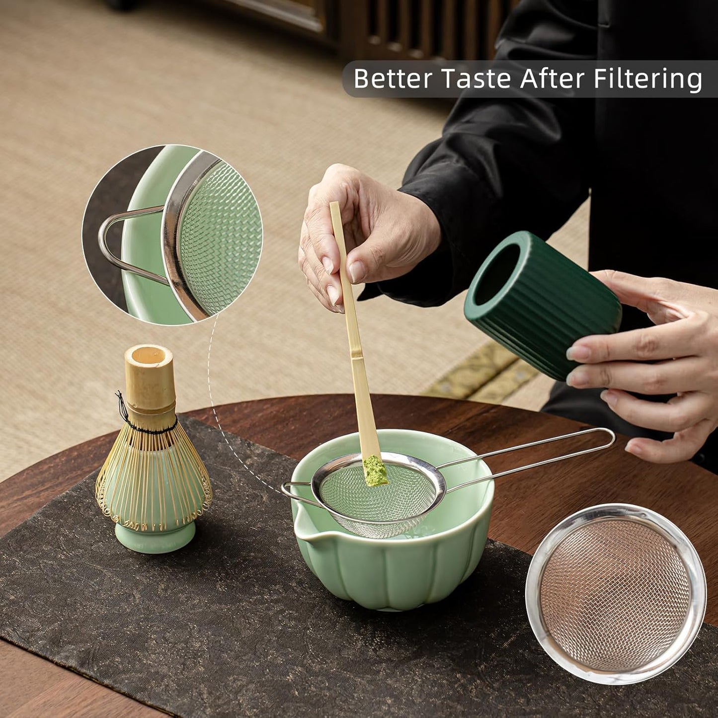 Matcha Whisk Set, Matcha Bowl with Spout, Matcha Whisk, Chasen Holder, Sifter, Bamboo Scoop - 5 Pcs Perfect Matcha Making Kit for Matcha Lover and Tea Ceremony (Emerald Green)