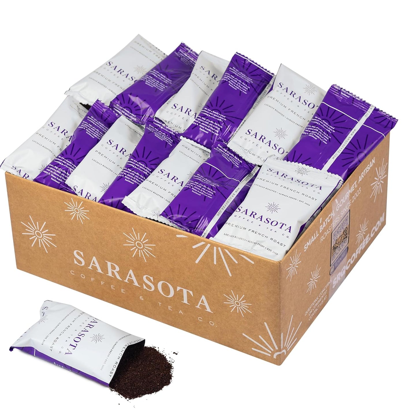Sarasota Coffee Ground Packets | Low Acid Dark Roast Ground Coffee Packs | European French Roast | Mold Free Coffee Singles Packets | Ground Coffee Pouches | Individual Coffee Packets for 12 Cup Coffee Maker | 2.5 Ounce Bags, 36 Count
