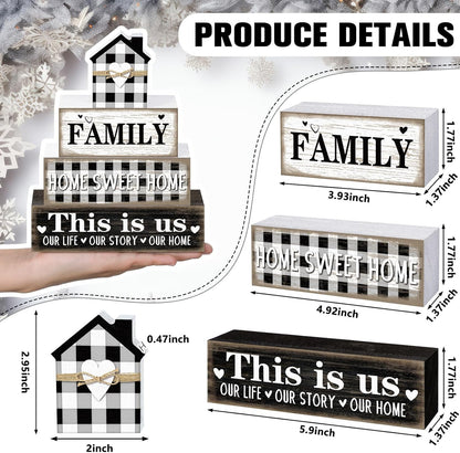 Farmhouse Wooden Tabletop Decor Rustic Home Sweet Home Table Centerpieces This Is Us Block Sign Black and White Buffalo Plaid Table Decor for Kitchen Shelf Desk Mantel Tiered Tray Decoration