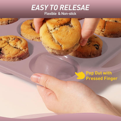 2 Packs 12 Cups Silicone Muffin Pan with Metal Reinforced Frame Regular Size Cupcake Pan Tray Egg Bites Silicone Circle Cookie Molds Muffin Tin Tart Pans Baking Sheet Set for Breakfast Sandwiches