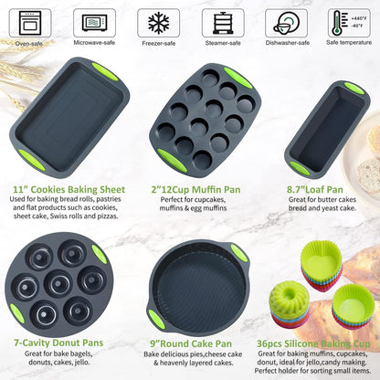 To encounter 41 Pieces Silicone Baking Pan Set, Silicone Cake Molds, Baking Sheet, Donut Pan, Muffin Pan with 36 Pack Baking Cups, Dishwasher Safe