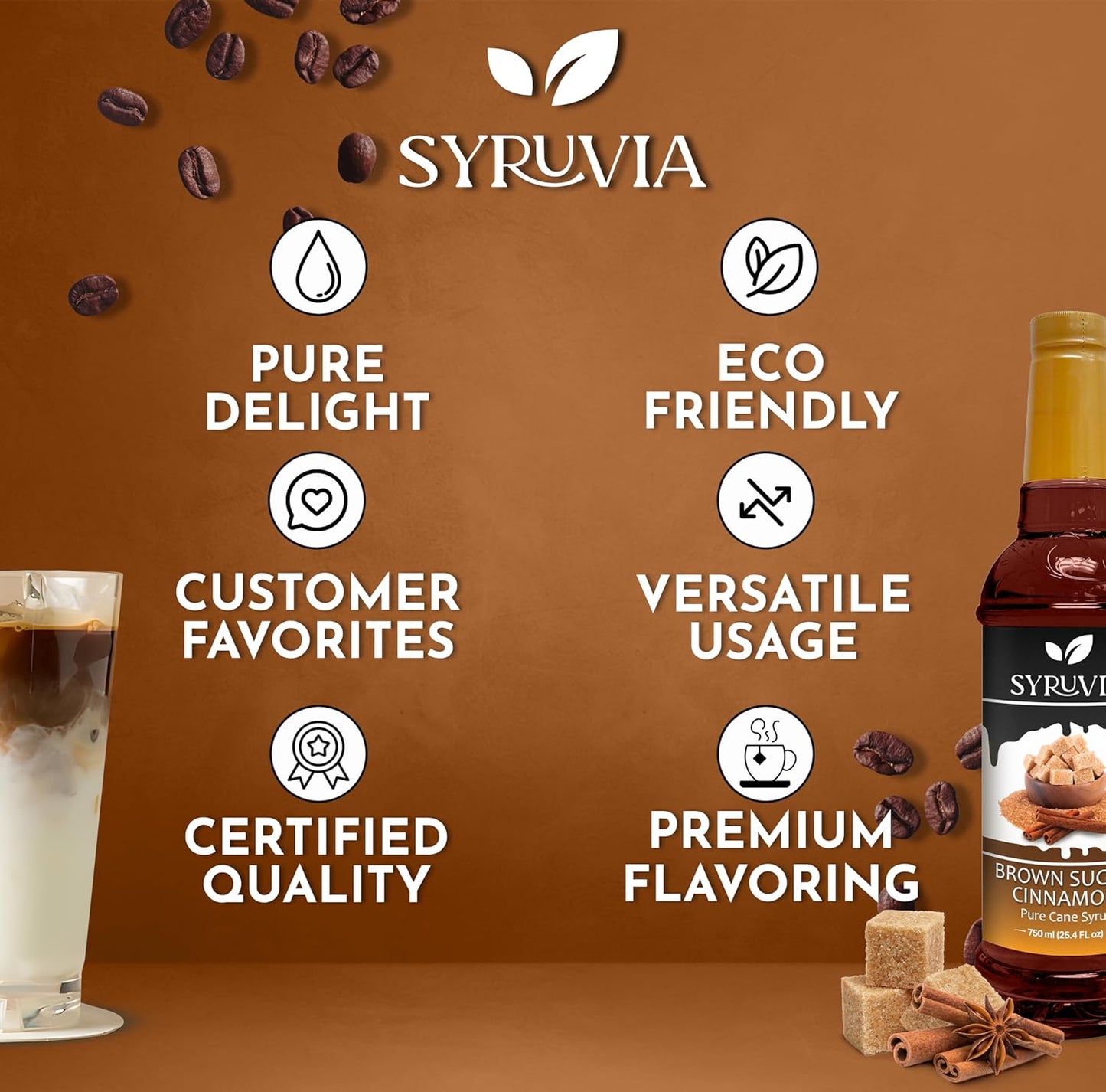 Syruvia Brown Sugar Cinnamon Syrup for Coffee 25.4 Ounces Brown Sugar Cinnamon Coffee Syrup Flavor,
