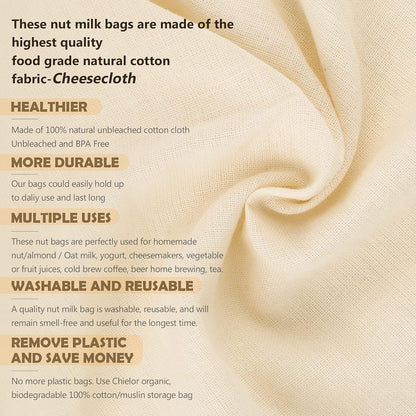 10 Pack Nut Milk Bag, Multi-size Fine Mesh Grade Reusable Cheesecloth Bags Strainers, Unbleached Organic Cotton Filter Bags for Almond Milk, Juices, ColdBrew, Cheese, Tea, Yogurt, Coffee