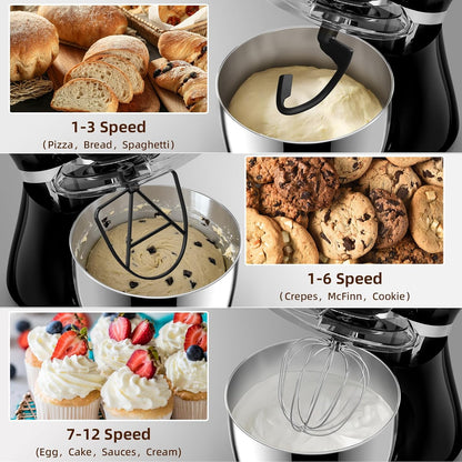 Cowsar Stand Mixer, 12 Speeds Tilt-Head Electric Commercial Stand Mixer, 3-In-1 Kitchen Mixer with Bowl, Dough Hook, Whisk and Beater, Black