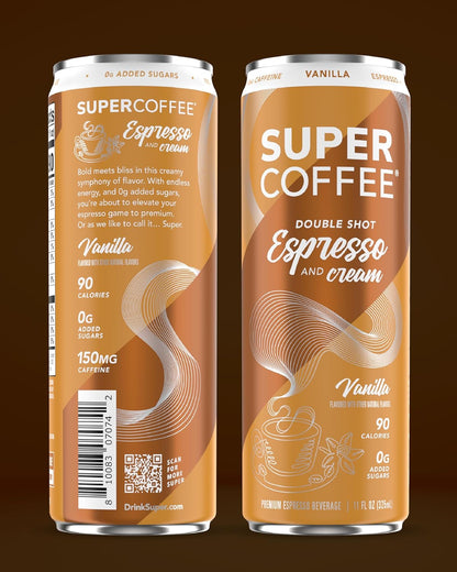 SUPER COFFEE Espresso, Iced Keto Coffee (0g Added Sugar, 90 Calories) [Vanilla] 11 Fl Oz, 12 Pack | Smart Coffee Drink - SoyFree GlutenFree