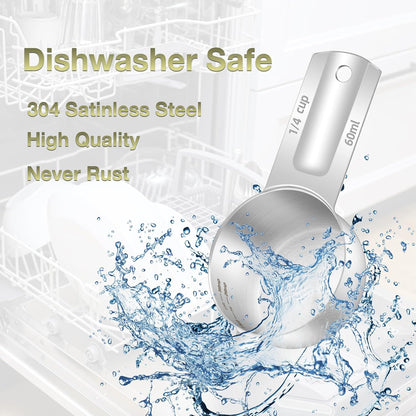1PCS 1/4Cup (60ml, 2oz) Single Measuring Cup, Etched Inner Scale Stainless Steel Measure Scoop, Metric and US Measurement, Dishwasher Safe