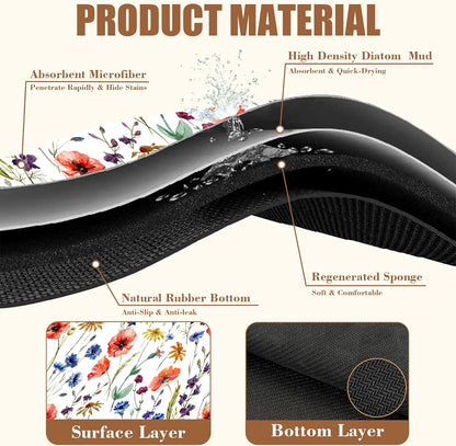 Watercolor Flowers Coffee Mat Daisy Dish Drying Mat for Kitchen Counter Absorbent Hide Stain Rubber Backed Coffee Bar Accessories Fit Under Espresso Machine Dish Drainer 11.8 x 19.7 Inch