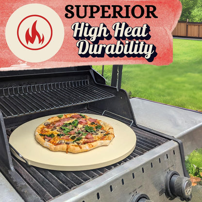 16 inch Round Pizza Stone for Oven - Large Pizza Stone for Grill with Handles and Dough Tool - Round Baking Stone for Bread - Pizza Making Accessories - Cooking Gifts for Food Lovers