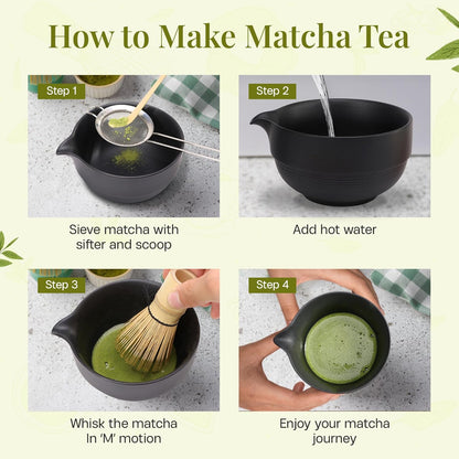 Matcha Whisk Set,includes Matcha Bowl,Matcha Whisk and Holder by Bamboo, Spout, Matcha Sifter Strainer Spoon Scoop Chasen Holder Towel- Perfect Japanese Matcha Set(8 Pcs black)