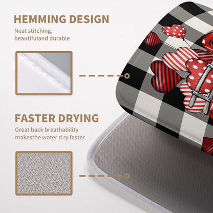 Valentines Dish Drying Mat Valentine Buffalo Plaid Hearts Kitchen Drying Pad Absorbent Dishes Dryer Mats 18x24 Inches