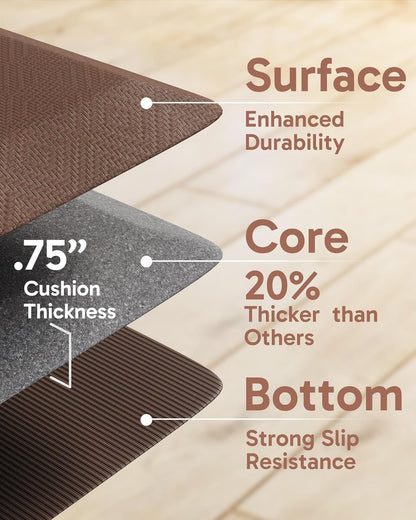Ophanie Kitchen mats for Floor, 3/4 inch Thick, Kitchen Rugs, 20x48 Anti Fatigue Standing Cushioned Mat, Waterproof,Comfort Ergonomic mat for Office, Home, Sink, Brown Non-Slip Bottom