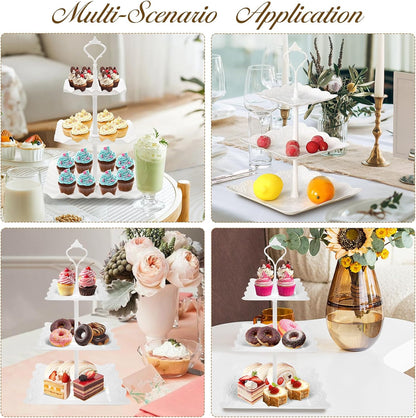 3 Tier Cupcake Stand, Durable Plastic 3 Tier Serving Tray for Cupcake, Fruit, Chocolate, Cookies, Square White Embossed Tiered Tray Stand for Wedding, Baby Shower, Party
