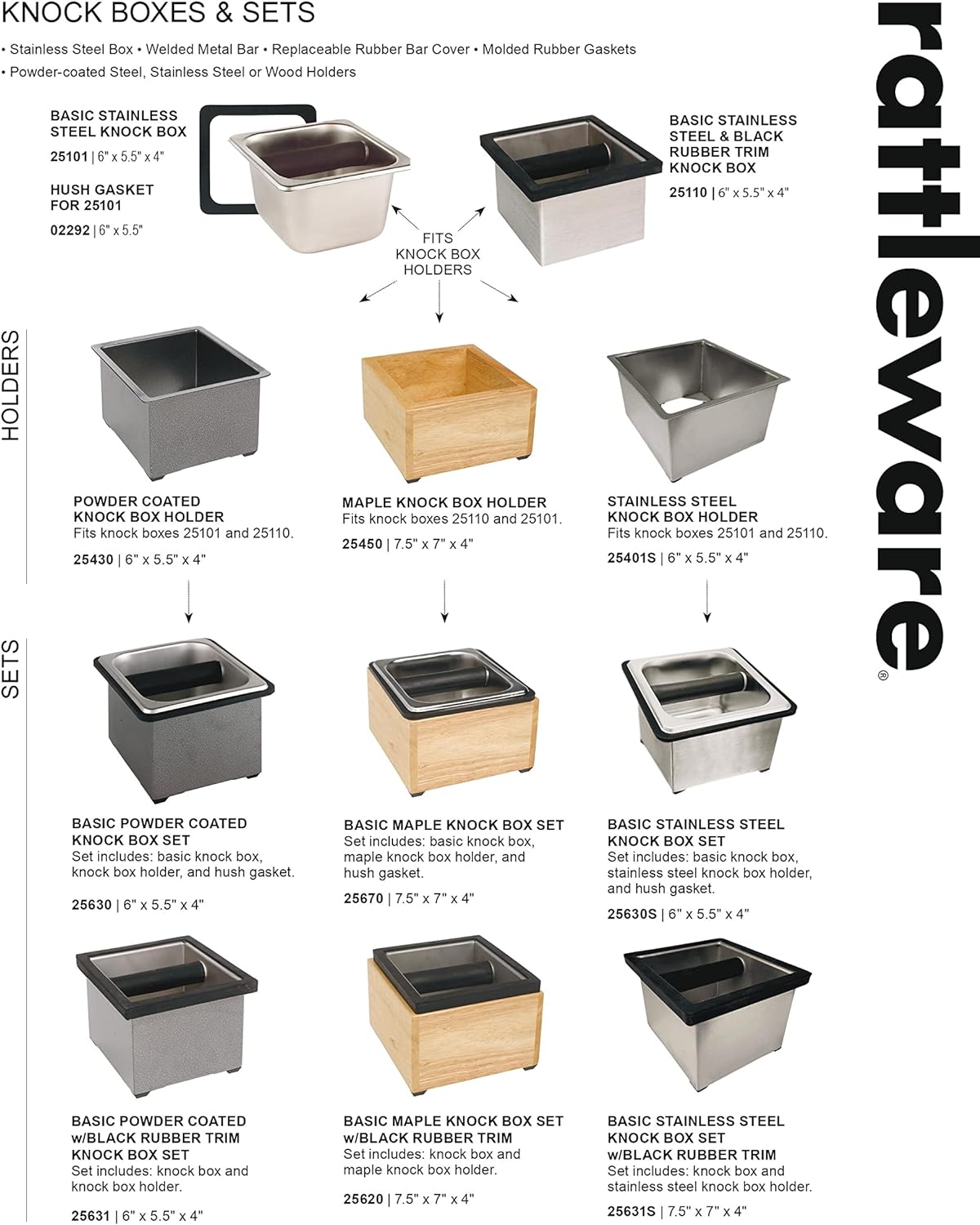 Rattleware Stainless Steel Open Bottom Knock Box Chute – Heavy-Duty Espresso Puck Disposal Bin with Welded Rubber Bar – Fits Coffee Stations, Café, Restaurant, Hotel, or Home Use (9" x 5.5" x 4")