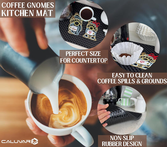 Coffee Bar Mat for Countertop, Large 18x12 Cute Gnome Coffee Mat, Kitchen Decor and Accessories Bar Sign, Durable Kitchen Mats Accessories, Funny Gnomes Signs for Station, Gnomes Decorations for Home
