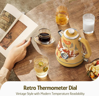 Hazel Quinn Retro Electric Kettle - 1.7 Liters / 57.5 Ounces Tea Kettle with Thermometer, All Stainless Steel, 1200 Watts Fast Boiling, BPA-free, Cordless, Automatic Shut Off - Dragon Dance