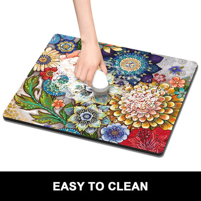 Rnivvi Dish Drying Mat for Kitchen Counter, 16 x 18" Cute Flower Theme Absorbent Heat Resistant Drying Pad with Non-slip Rubber, Coffee Bar Mats for Coffee Machine Dish Rack, Mandala Floral