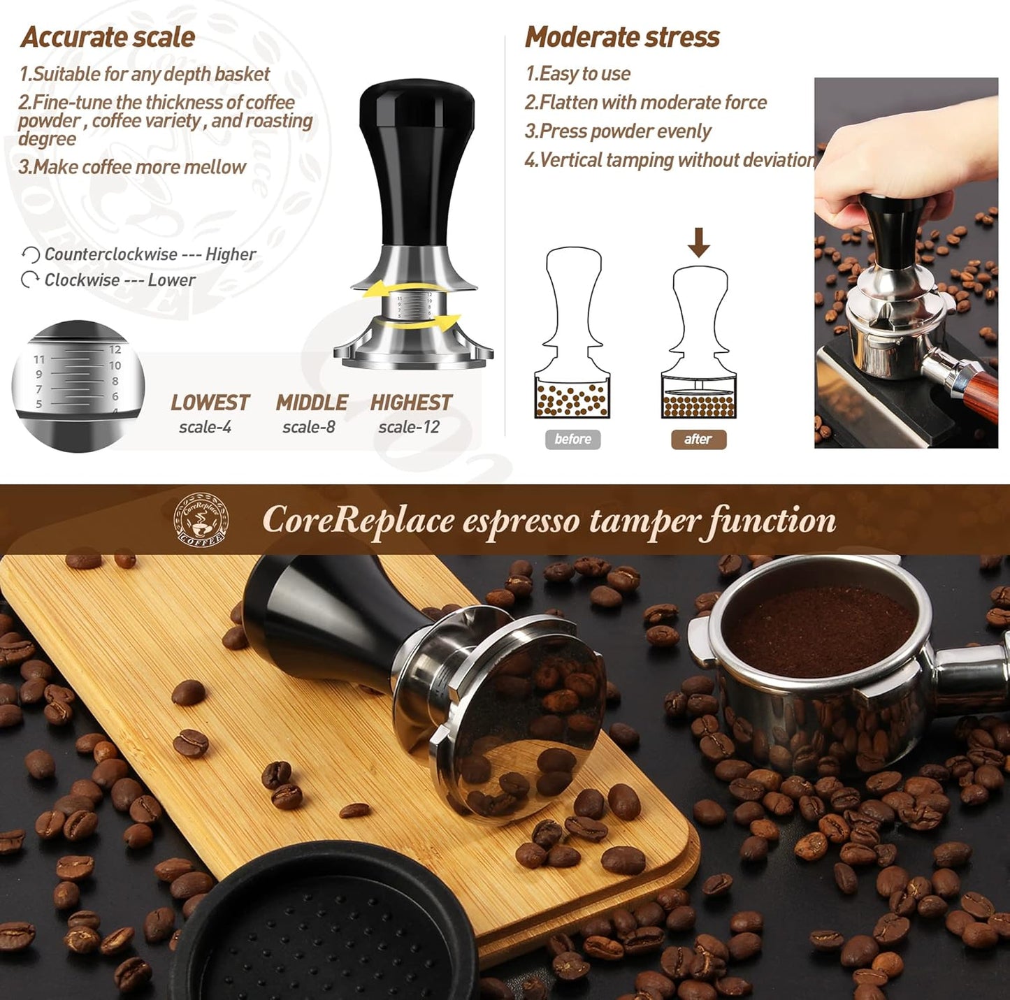 Newest 51mm Espresso Coffee Tamper Adjustable Height with Scale, 30lbs Springs Tamping Strength, Stainless Steel Flat Base, with Mat