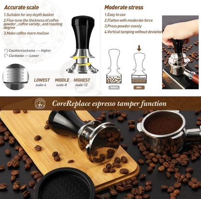 Newest 51mm Espresso Coffee Tamper Adjustable Height with Scale, 30lbs Springs Tamping Strength, Stainless Steel Flat Base, with Mat