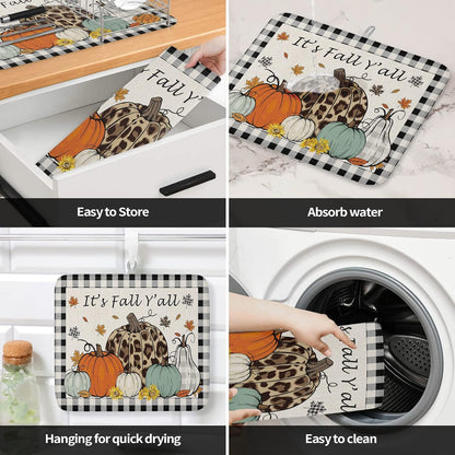 Fall Dish Drying Mat for Kitchen Counter Pumpkin Drying Pad Absorbent Drying Mats for Countertops Sinks Draining Racks Maple Leaves Black Buffalo Plaid Drainer Holiday Harvest Thanksgiving Decor 18x24
