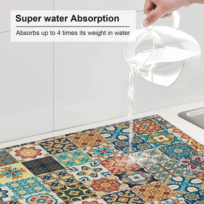 Traditional Multicolor Ornate Dish Drying Mat, Highly Absorbent Microfiber Kitchen Counter Pad Reusable Washable, 16*18"