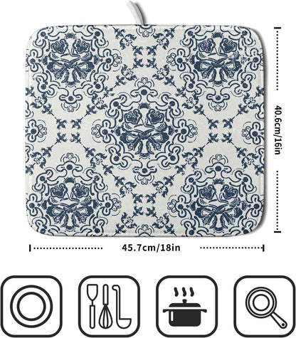 Bohemian Grey Retro Dish Drying Mat for Kitchen Counter,Boho Abstract Flower Art Drying Mat 16 x 18 Inch Microfiber Dish Drying Pad Dish Rack Pad Drainer Mat for Coffee Bar