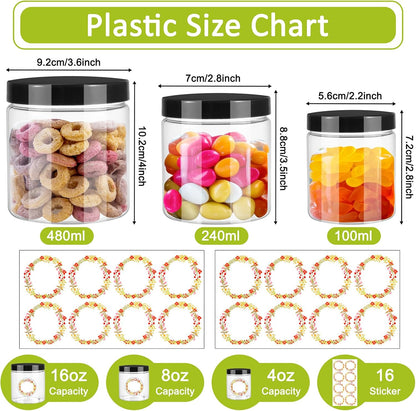 12pcs Plastic Jars with Lids 16 oz & 8 oz & 4 oz, Leakproof Storage Containers Clear Plastic Mason Jars for Peanut, Spice, Cookie, Candy and Dry Food Wedding Shower Party Favors