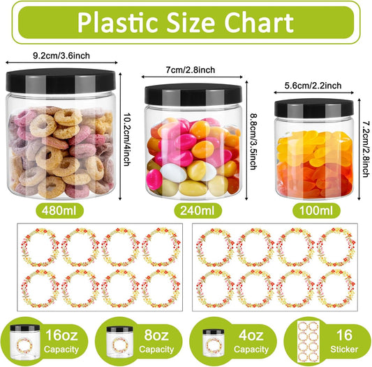 12pcs Plastic Jars with Lids 16 oz & 8 oz & 4 oz, Leakproof Storage Containers Clear Plastic Mason Jars for Peanut, Spice, Cookie, Candy and Dry Food Wedding Shower Party Favors