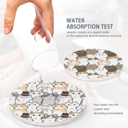 Drink Coasters Set of 6 with Holder, Cute Cats Absorbent Ceramic Coasters with Cork Base,Fit All Cups,Great Gift for Housewarming,Room Decor,Bar,Holiday Party