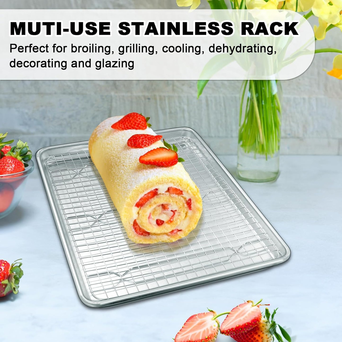 Half Sheet Pans with Rack Set, 18 Inch Commercial Quality Baking Sheet Pan Set, Natural Aluminum Cookie Sheet, Warp Resistant Nonstick Thick Cookie Tray Pans for Baking, Roasting