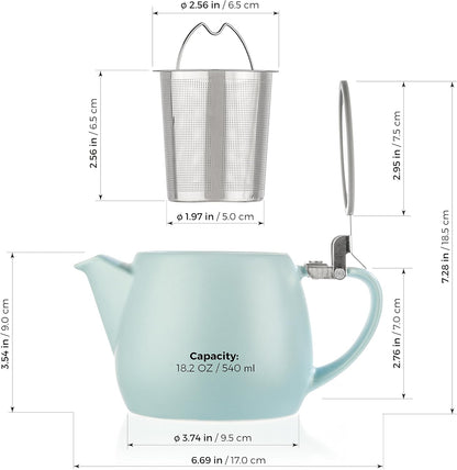 Tealyra - Pluto Porcelain Small Teapot Turquoise - 18.2-ounce (1-2 cups) - Matte Finish - Stainless Steel Lid and Extra-Fine Infuser To Brew Loose Leaf Tea - 540ml