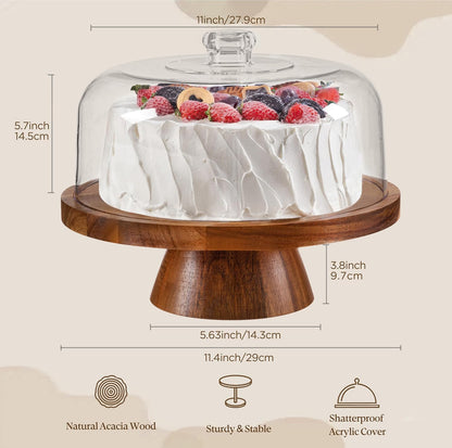 HBlife Cake Stand with Lid (11.4"), Multifunctional Cake Stand with Acrylic Dome, Acacia Wood 6-in-1 Cake Plate Display Stand with Cover for Baking Gifts, Birthday Kitchen Parties, Weddings