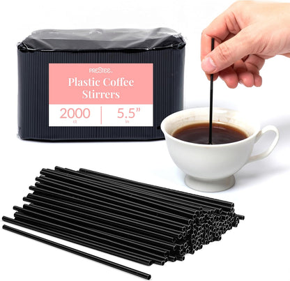 Prestee Plastic Coffee Stirrers 5.5 Inch, 2000 Count - Disposable Black Drink Stir Sticks for Coffee, Tea, Cocktails & Beverages - BPA-Free Plastic Stirring Straws for Home, Office & Events